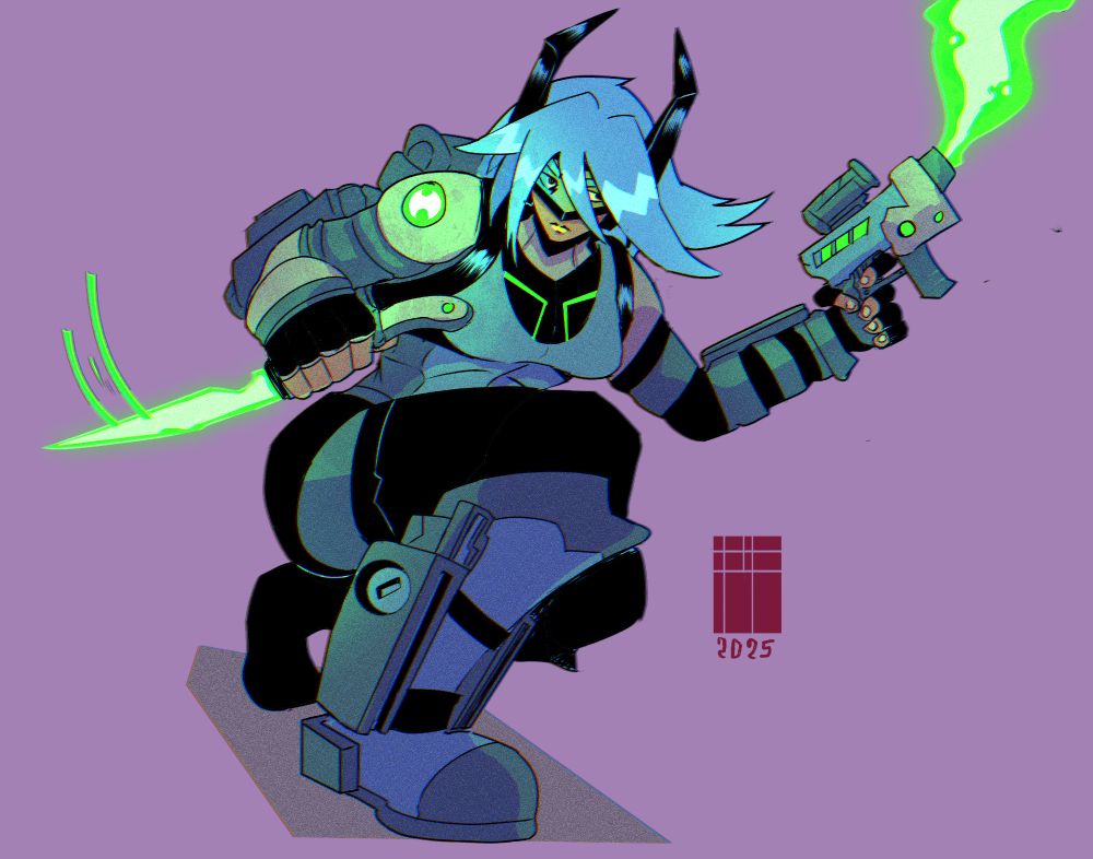 Full shot of a stylized female character, likely from a comic book or video game. 

The character is depicted in a dynamic pose, appearing to be in motion.  She's clad in futuristic, cyberpunk-inspired armor primarily in shades of light gray-blue and black, with accents of neon green.  The armor pieces are segmented and angular, suggesting a high level of technological design. 

Her headgear features a visor-style helmet. Her hair, a light bluish-purple, is styled in a slightly asymmetrical manner, with visible spikes or horns extending from her crown.