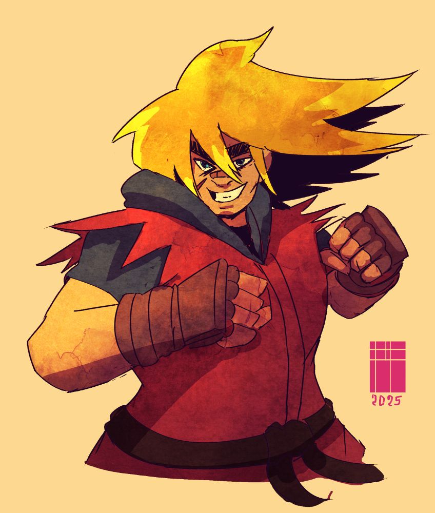 A stylized illustration of a male character. He has a large, slightly windblown, bright yellow-blond hairstyle. His face is expressive, with a confident, almost mischievous smile, and he appears to be in a fighting stance. 

His skin is a light tan/ beige.  He wears a red jacket, with dark gray/navy undershirt/hoodie visible at the collar and along the arms. 

The jacket has a stylized, almost lightning-bolt pattern on the front and shoulders. Dark reddish-brown, almost leather, arm-guards (or gauntlets) are visible on both arms. A black belt is visible around his waist.  His fists are clenched, and he is positioned in a dynamic stance.

The background is a muted, light peach or beige color. 