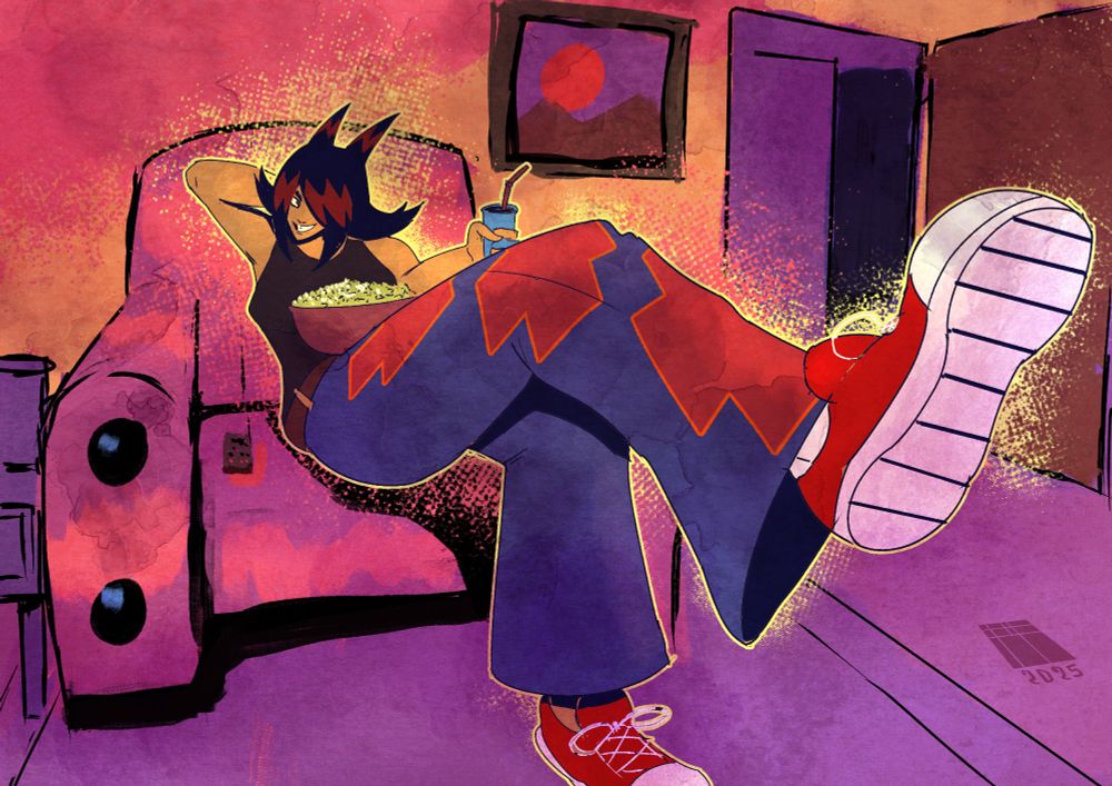 A digital illustration shows a stylized female character reclining in a plush, vibrant purple armchair. Her dark-colored, almost black hair has a slightly spiky texture and is styled in a fashion that appears to be a mix of long and shorter layered cuts. She's wearing a dark sleeveless top and voluminous pants in a mix of purple, red, and dark blue. Her leg and foot are angled away, showing a pair of red and white sneakers. The character appears to be relaxed and engrossed in eating popcorn from a light-yellow/cream-colored bowl. 

The background is a stylized depiction of a room, with warm hues of purple and red. The walls and floor are textured with a soft, almost painterly effect in the shading. An image of a red circle set against a muted landscape seems to be on a wall. The image also suggests a style of cartoon or comic art with added, subtle sparkles that highlight certain areas, and a style of painting that shows the use of loose brushstrokes.  The overall impression is warm, inviting, and engaging, reminiscent of a movie night scene.