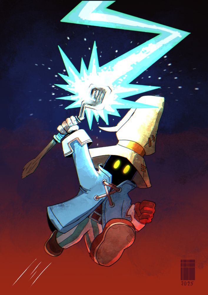A stylized illustration of a character, resembling a black mage, from a video game. The character, small and humanoid, is light-skinned with a light greyish-blue robe with crossed straps or belts. The character has a wide-brimmed, light beige/tan hat, and prominent, glowing, yellow eyes. The character's attire has a somewhat worn or slightly distressed appearance with subtle shading and textures. 

The character is in a mid-air, dynamic pose, with one arm raised, holding a weapon that's emitting a bright, light-blue/cyan lightning-like effect. The lightning has a starburst pattern at the point of impact. Around the lightning effect are small, similar-colored sparkles.

The background is a dark navy blue fading into a reddish-orange/maroon color at the bottom edge of the image. Diagonal lines seem to represent motion at the very bottom of the picture, under the character. 