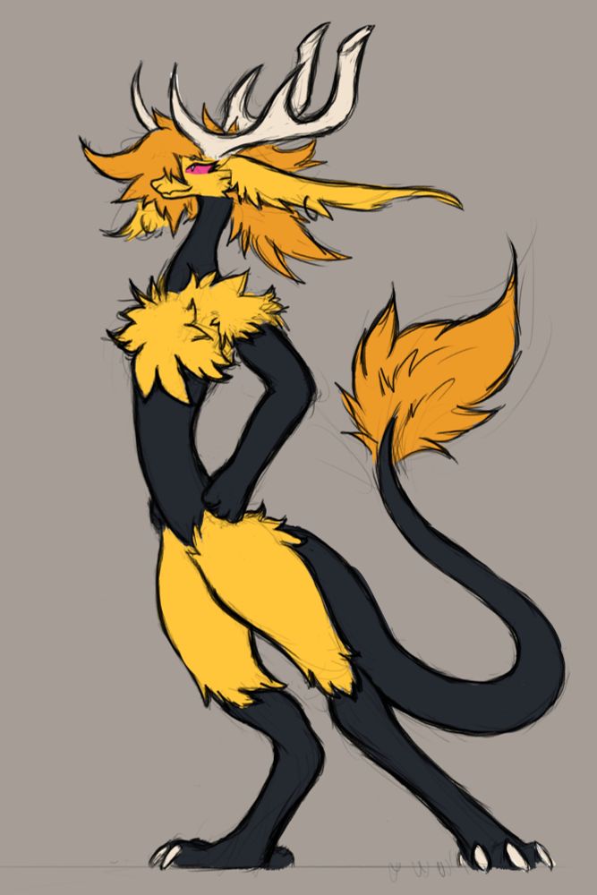Aster, a yellow furred chimera with jet black skin standing proudly. Their features include Snake, Deer, and Canine traits.