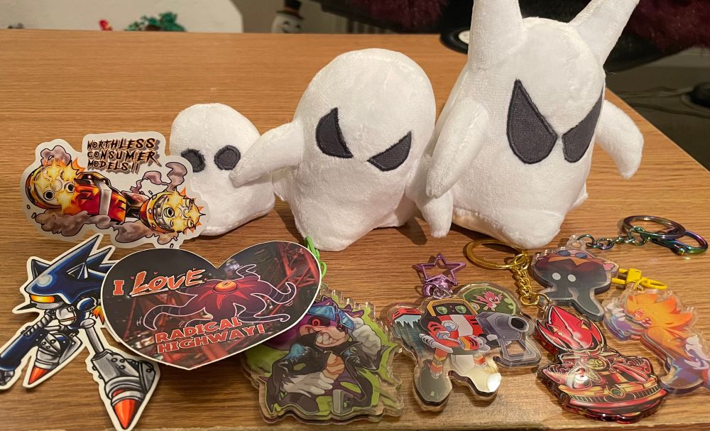 Plush Sandopolis ghosts, Mecha sonic, omega and black doom stickers, Scourge, gamma, Emperor Metallix, Robotnik and super sonic keychains