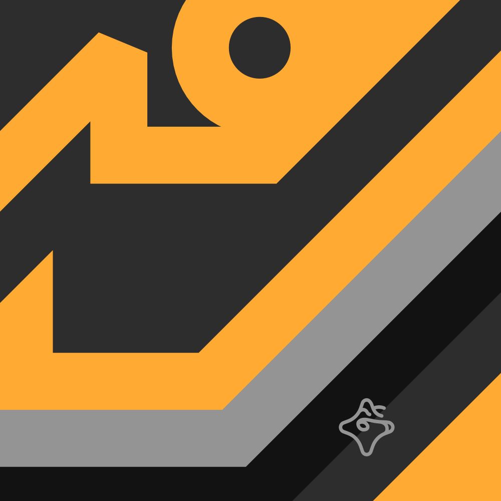 An abstract square piece of art features thick rusty gold, grey and black lines rising diagonally from the left border, falling down, progressing level to the right and then rising for the right half of the image. There is also a circle nestled above the top one.