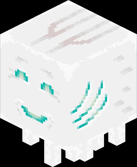 A screenshot of a minecraft happy ghast, a white balloon like creature with tentacles, this happy ghast has blue fire in its eyes and mouth as well as in its gills.