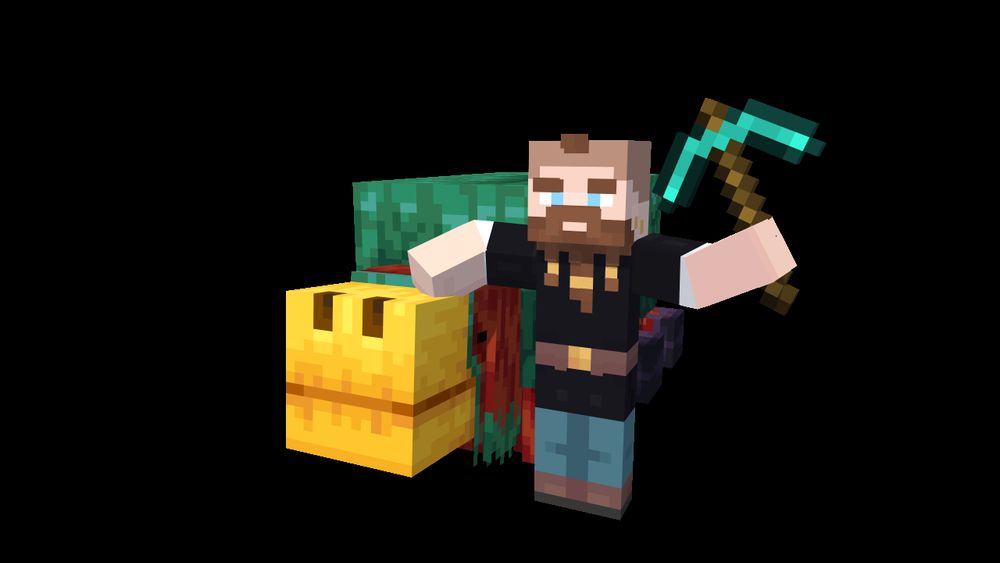A mineimator render of a a minecraft character petting a sniffer and brandishing a pickaxe.