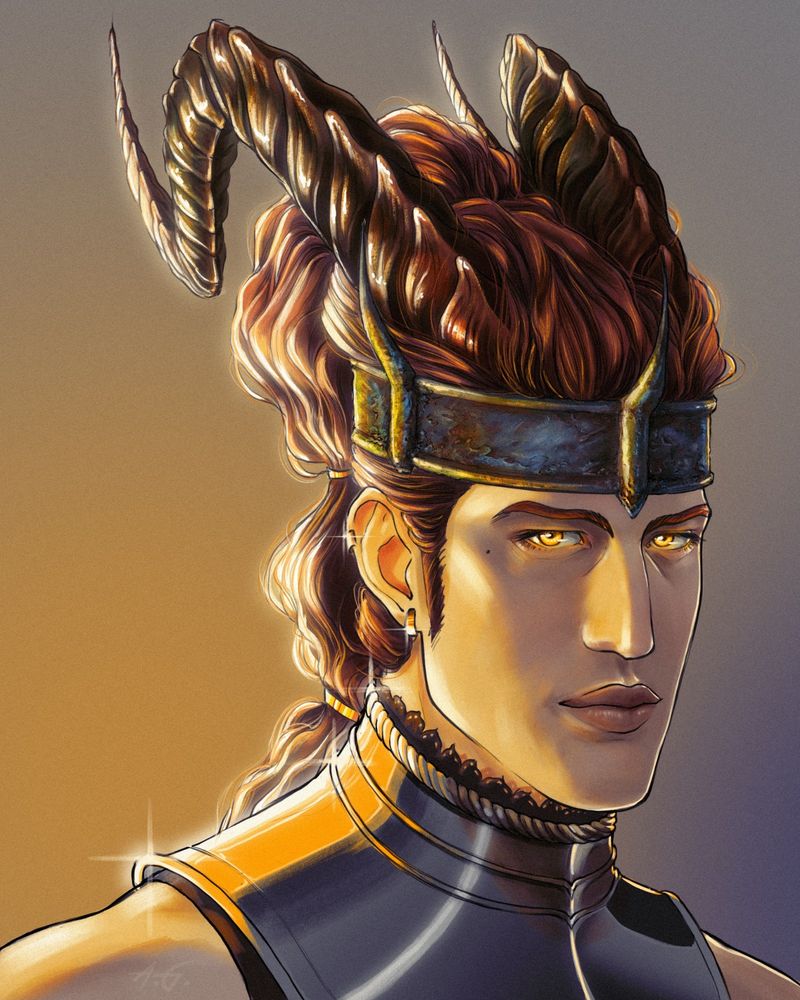 Digital painting of a man with auburn hair, golden eyes, a long, narrow face, full lips, and a neutral expression. He has two long, curving horns protruding from the top of his head. His hair is tied back in a high ponytail and gathered by two gold rings at the back of the head and nape of the neck. His hair is very long and has a slight wave. He is wearing a rusty and worn iron crown around his forehead to the back of his head with tall, sharp points at the front and sides. He is wearing a shirt that is high on his neck that is trimmed with lace and is sleeveless and shows his shoulders. Over the shirt he wears a polished, ornamental gorget that shines brightly. He also wears two golden earrings in the visible ear. There is a strong external light source form behind him, casting an orange glow onto him and his armor. It's very flummery.