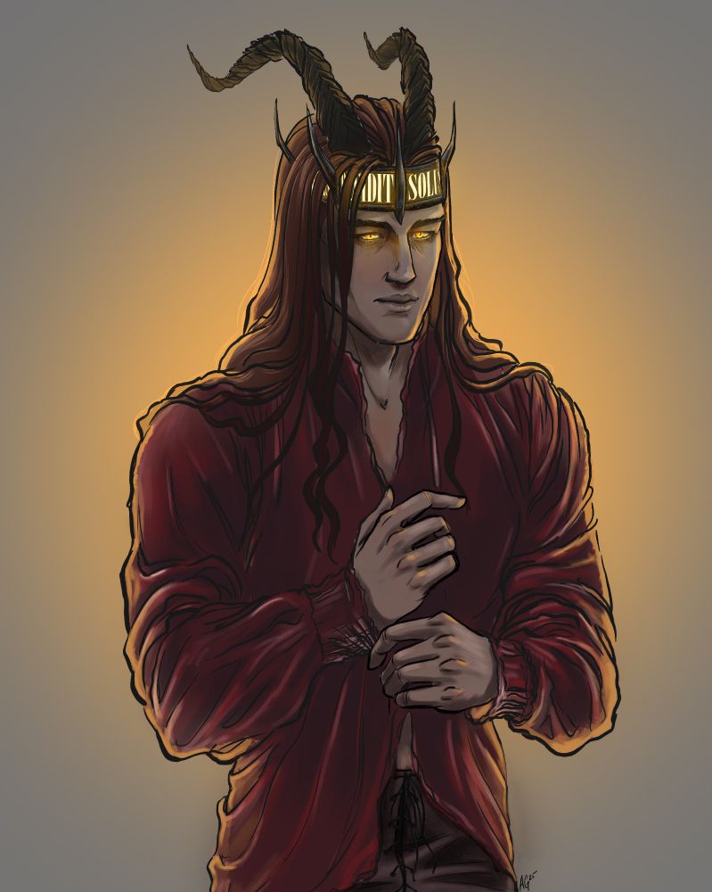 Bust portrait of a man with light skin, large, backwards sweeping curved horns, and glowing yellow-orange eyes. He has hooded eyes, a long, lean, narrow face, a high nose bridge, neutral eyebrows, and full lips. He wears a gentle and thoughtful expression. His hair is long and auburn and falls onto his shoulders with a few stray strands resting over his chest. He wears a crown made of aged and somewhat rusty iron with glowing, yellow latin words engraved on its surface. They read "Solus, Decidit, and extorris. There are spikes on the crown that point upwards through his hair. His shirt is red silk and he nervously fiddles with his tapered sleeve cuff. Behind him is a soft orange glow from what looks to be a fireplace maybe. 