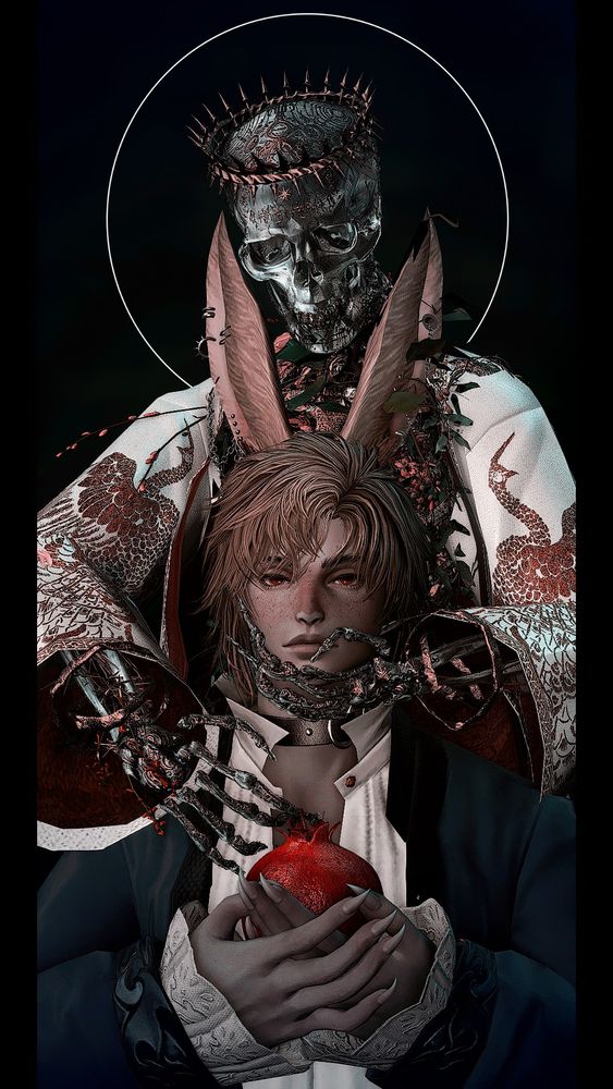 My Viera, Theores, is cradling a pomegranate staring at the camera with a blank, dead stare. Behind him, a skeleton adorned with a crown, a white robe, and a halo, entwined with plants, gently holds his chin and shoulder.
