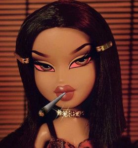 A photoshopped image of a bratz doll smoking weed