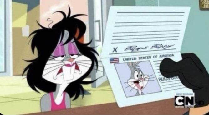 Bugs bunny in drag getting his passport checked