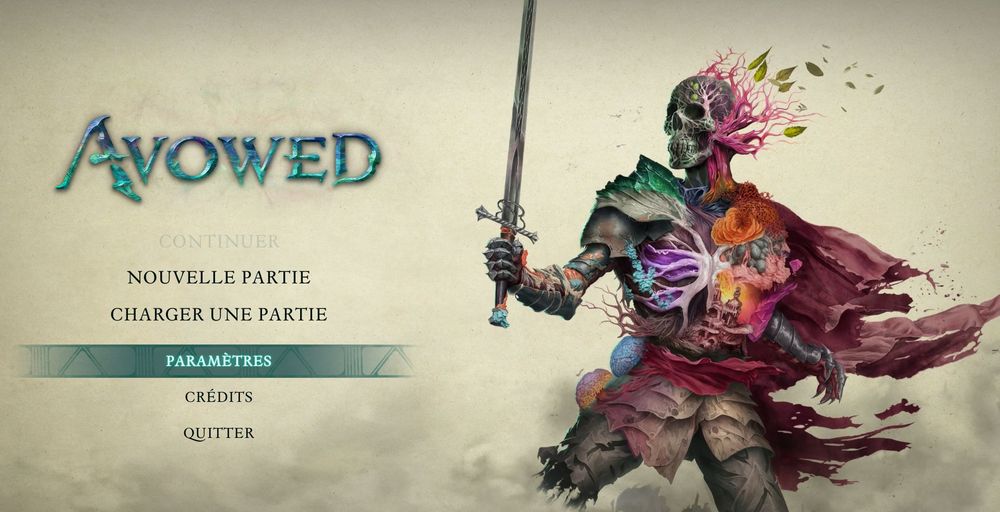L'image présente l'écran d'accueil du jeu vidéo Avowed.