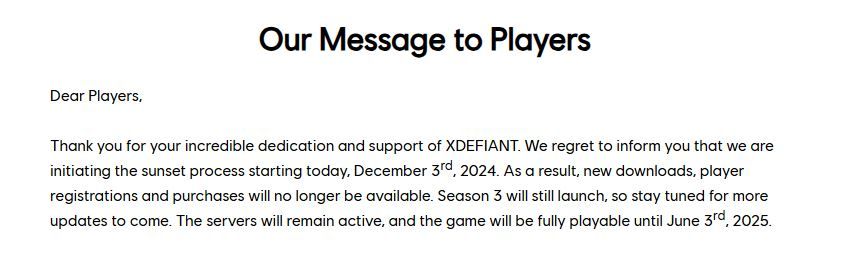 Une capture d'écran annonçant la fin de XDefiant.