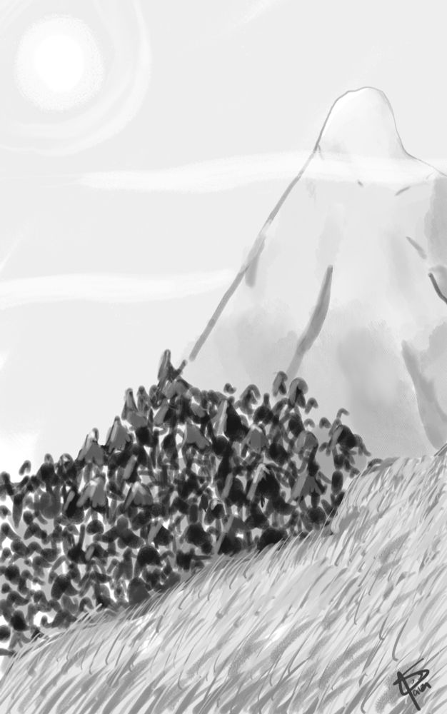 Black and white digital art of a grassy field overlooking a mountain side and pine trees.