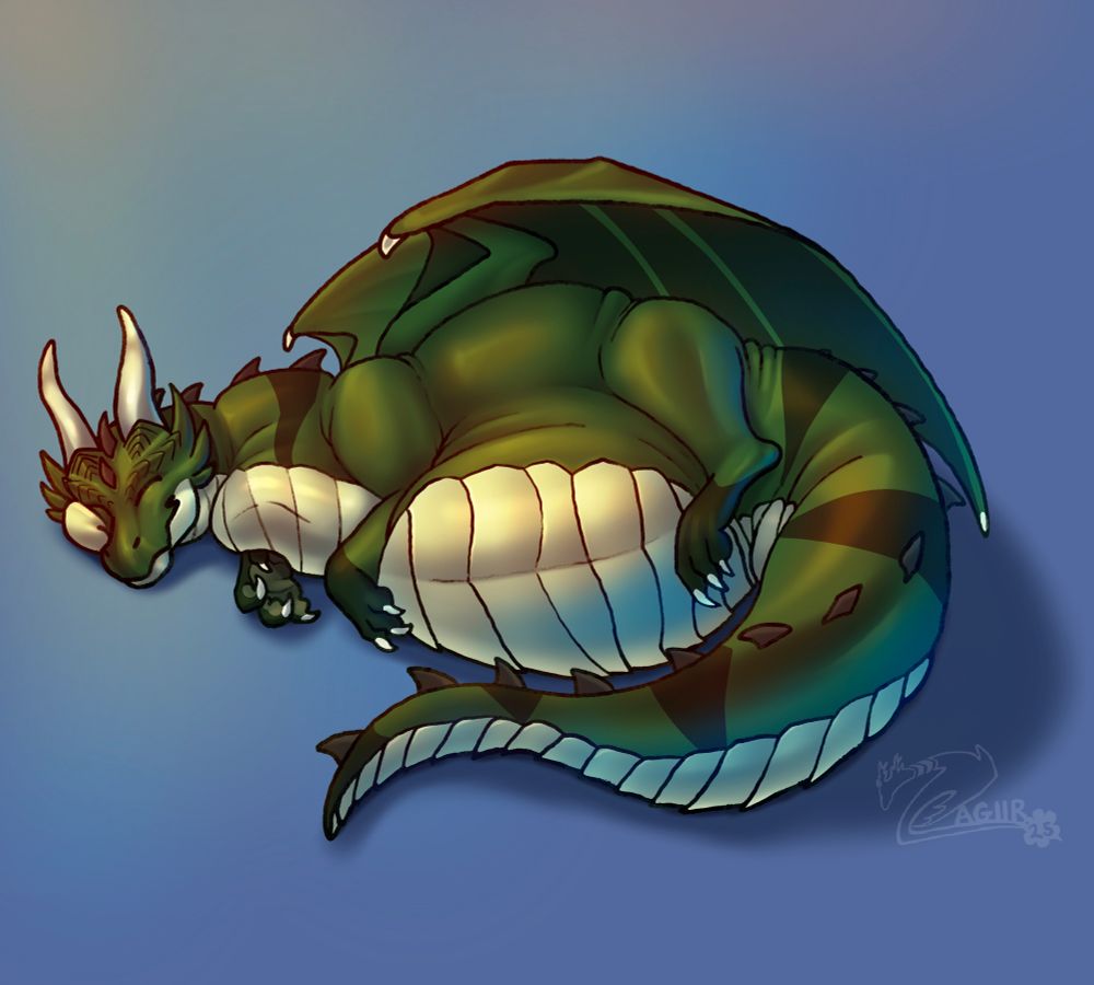Digital drawing of a big fat / bloated / stuffed / full / thick / chubby / chonky green dragon laying down after a big meal. Their belly / tummy is so large that the dragon is using it as a pillow rest for their legs
#foodie #inflation #fatfur #scalie #weightgain 