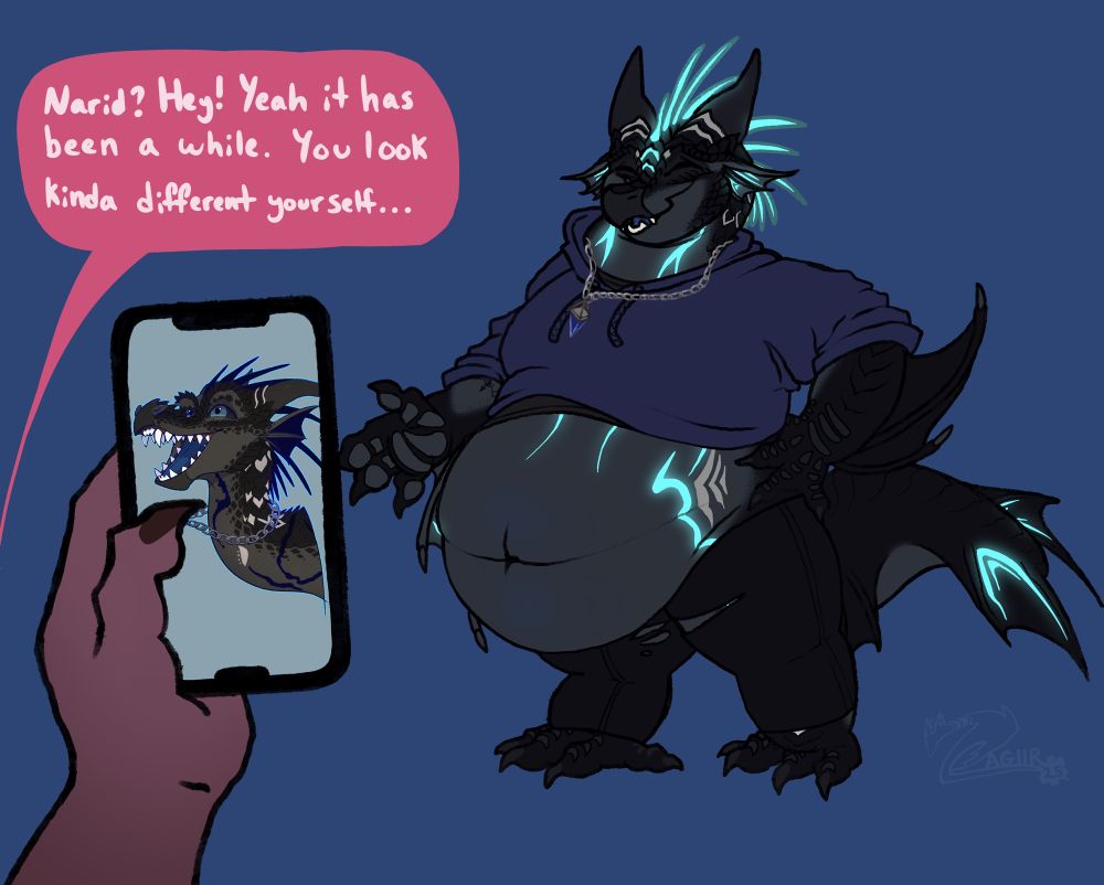 Digital drawing art of a fat black and grey anthro dragon / wyvern with a big belly / tummy
#fatfur #weightgain #wg #scalie #foodee #feedee