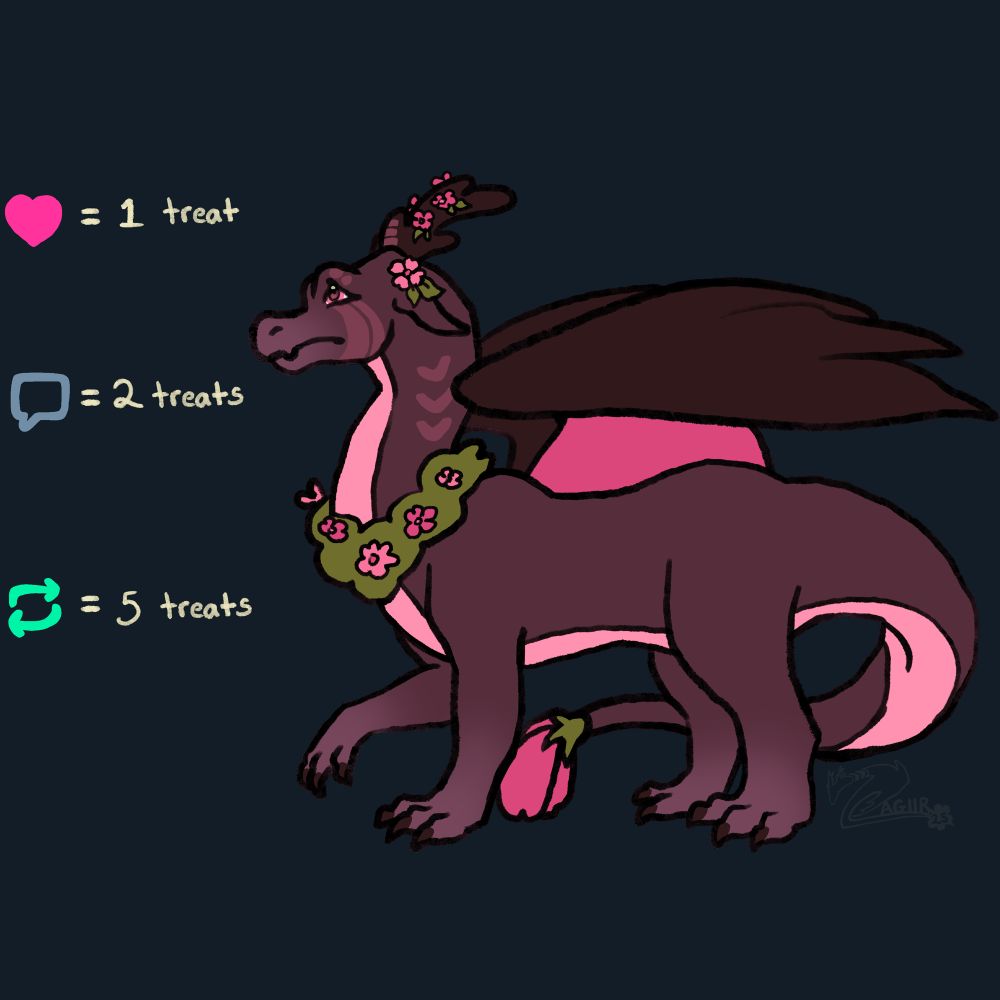 Digital drawing of a pink cherry blossom flower dragoness who is hungry. The amount of likes, comments and reposts will feed her and make her gain weight in return. Turning this into a weight gain progression comic 
For: fatfur, inflation, foodie, stuffing, fat