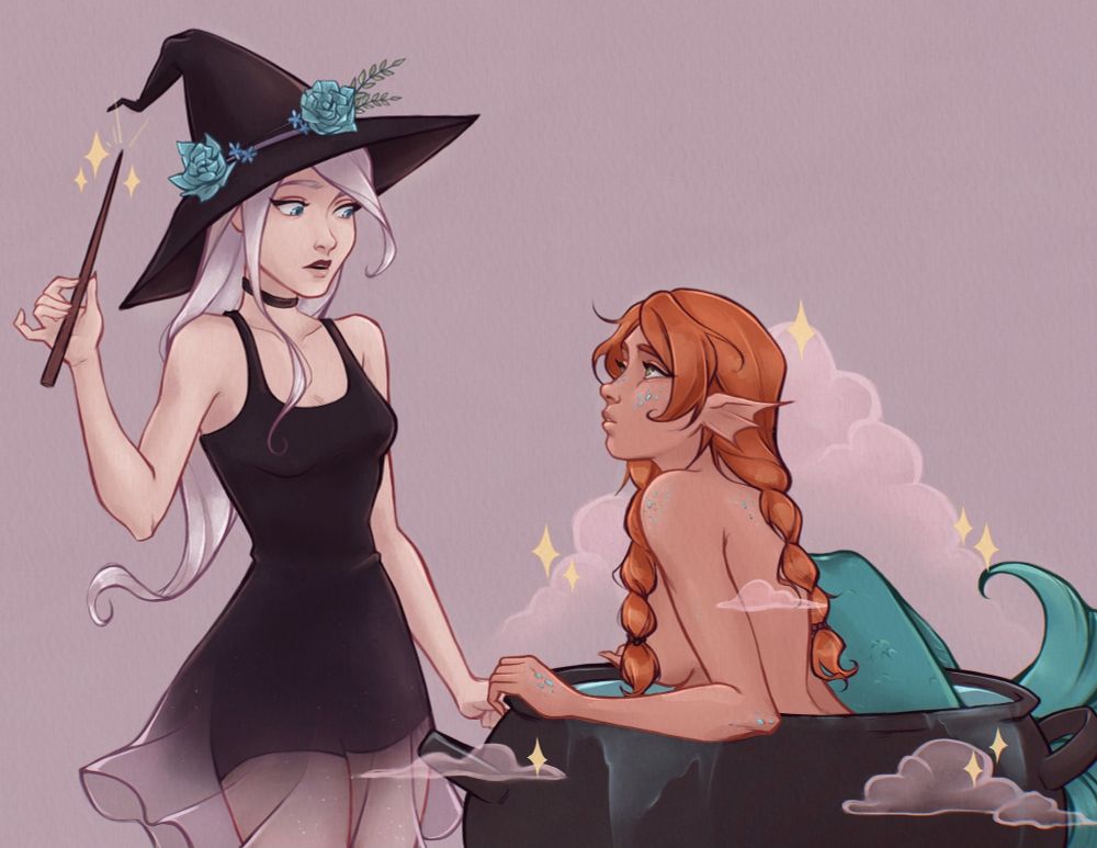 A digital drawing of a witch who has mistakenly summoned a mermaid in her cauldron! The witch has long, white hair, pale skin and blue eyes, and is wearing a black dress that turns translucent at the end, and a big witch hat with blue roses. The mermaid has ginger hair in two braids, green eyes and a blue tail. 