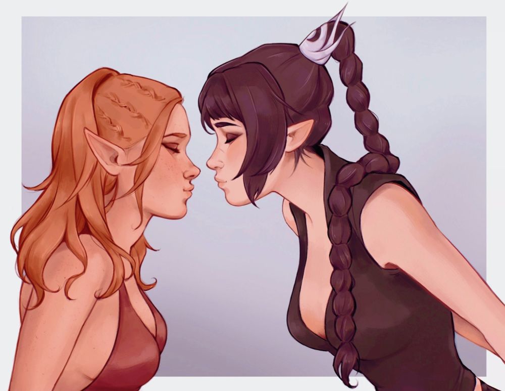 A digital drawing of my Tav (an elf with ginger hair and lots of freckles) about to kiss each other.