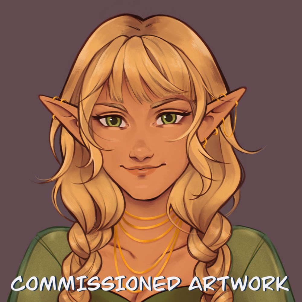 A digital drawing of an eladrin girl. She's white with a warm skin tone, pointy ears, green, big eyes and blonde hair in two messy braids. She's wearing green clothes that match her eyes and golden jewellery; and is smiling.