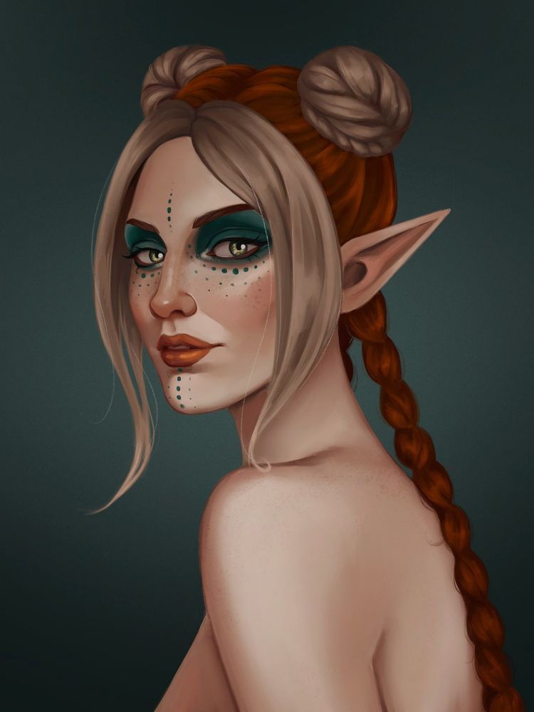 A digital portrait of my Tav in Baldur's Gate 3. She's an elf with white skin, green eyes and green makeup, and ginger hair in two braids and two buns, with long bangs framing her face. 
