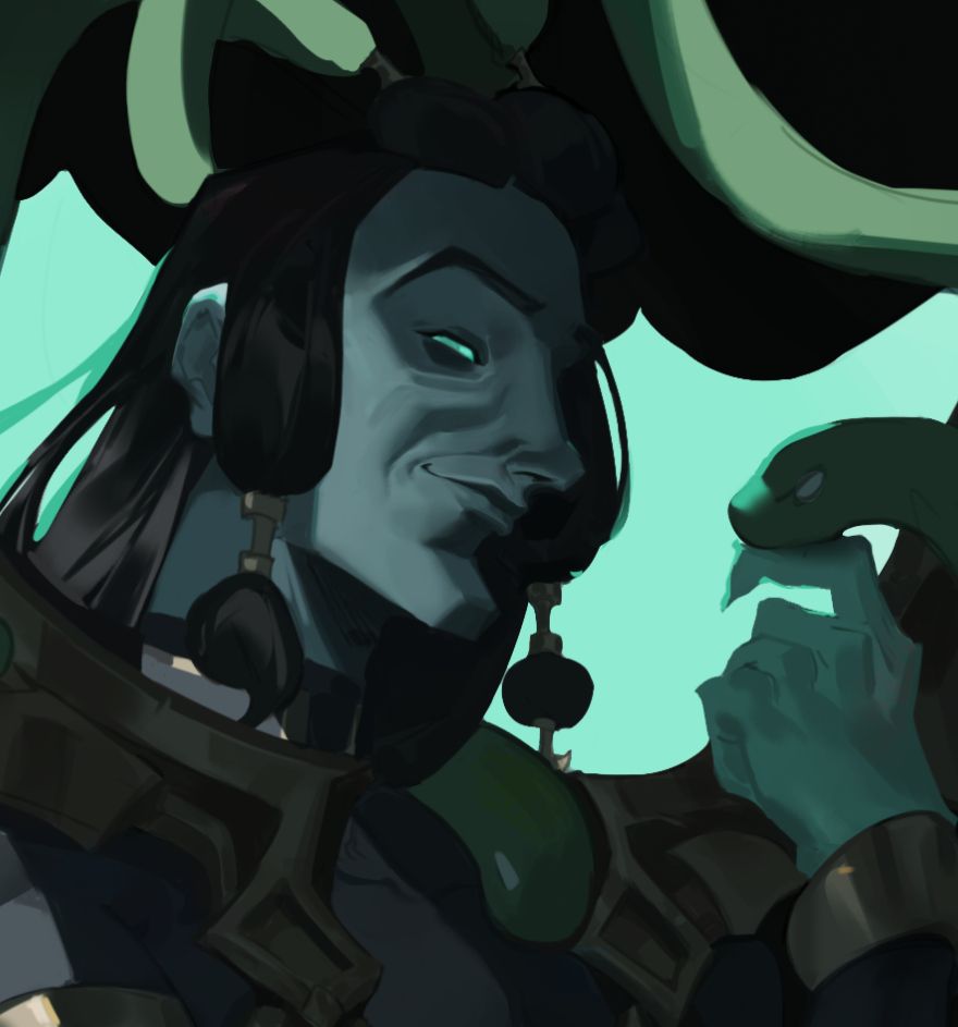 closeup of unbound thresh with a snake resting on top of his index finger.