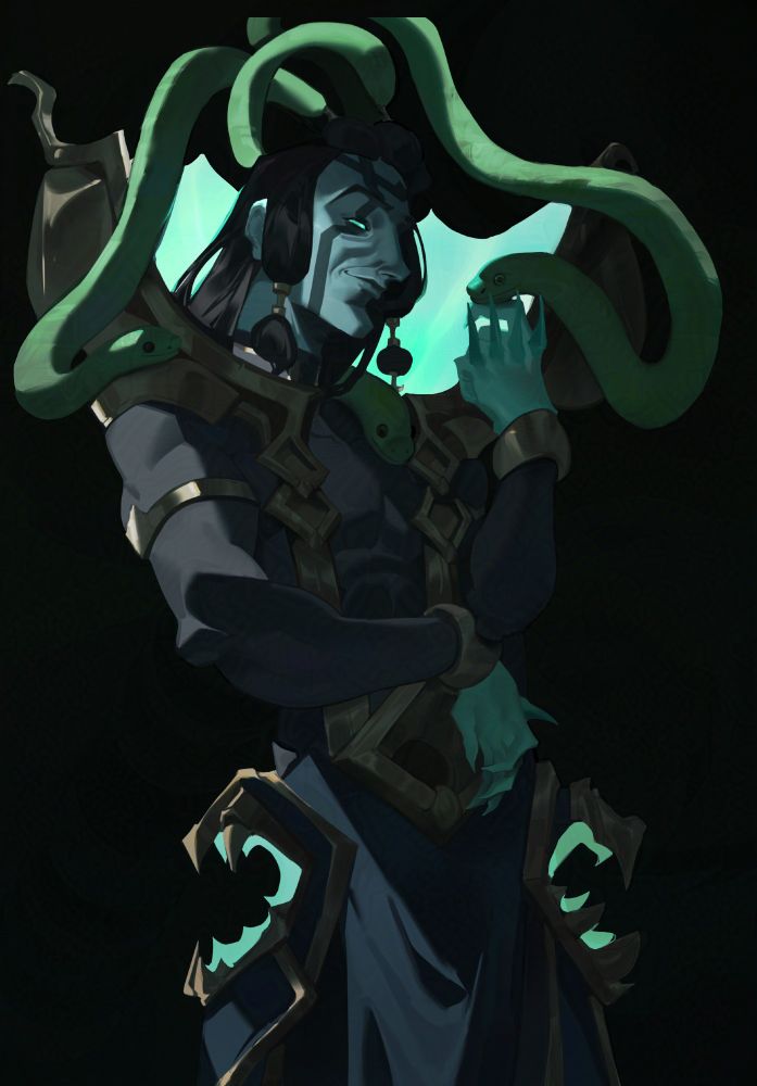 illustration of unbound thresh with his three floating hairstrands turning into snakes. one snake rests on his index while the other two rest on his shoulders and armor.