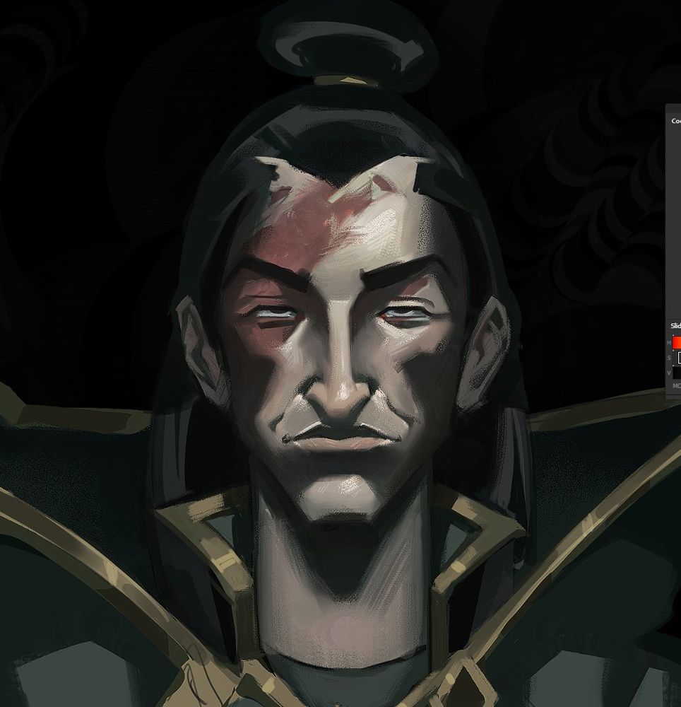 portrait of pre-ruination Thresh with a burn scar on the stage-left side of his face.
