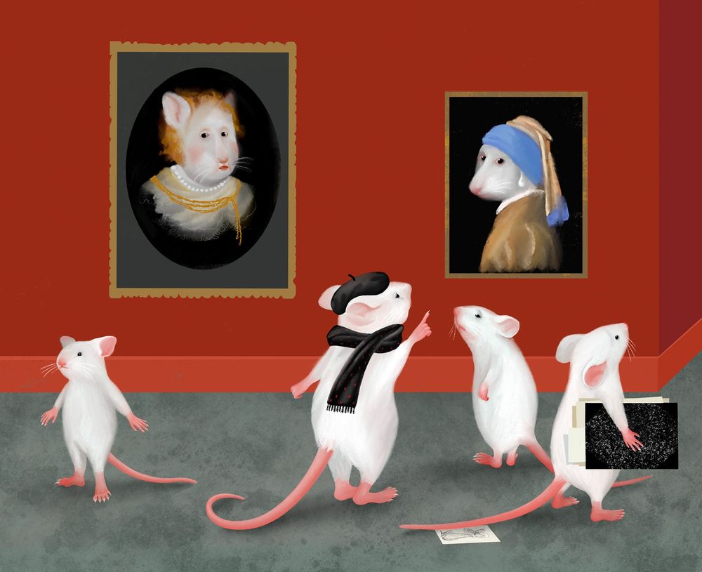 Four mice (art students with their teacher) are at the museum looking at  paintings (the Mouse with the Pearl Earring among them). The teacher is explaining something to one student, pointing with his hand. Another student is holding a portfolio with drawings. The third student looks lost.