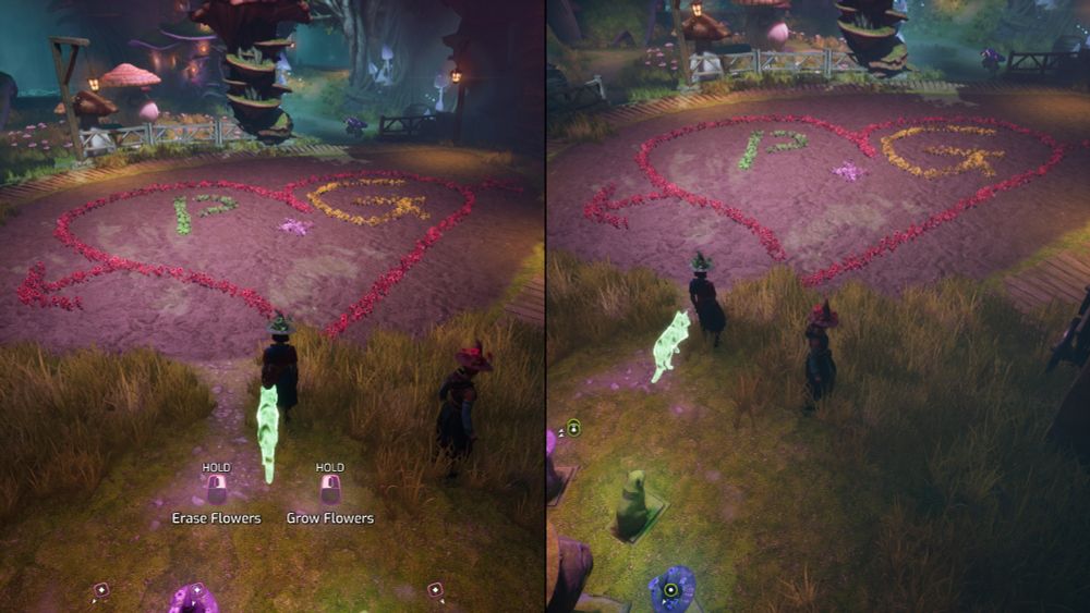 A screenshot of Split Fiction. On both sides of the screen is a red heart with a green P and yellow G on the inside.
