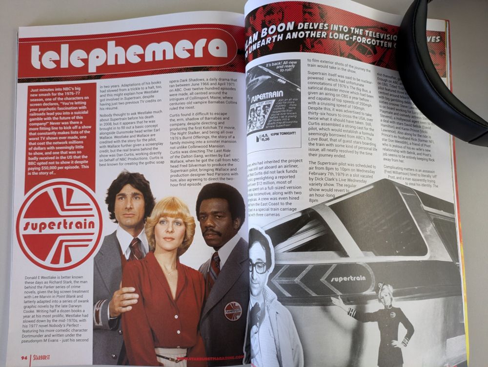 Doppelseite aus dem britischen Magazin "Starburst" mit dem Anfang eines Artikels über die gescheiterte 70er-Jahre TV-Serie "Supertrain" (erschienen in der Kolumne "Telephemera") mit Fotos der Crew und der titelgebenden futuristischen Lok.