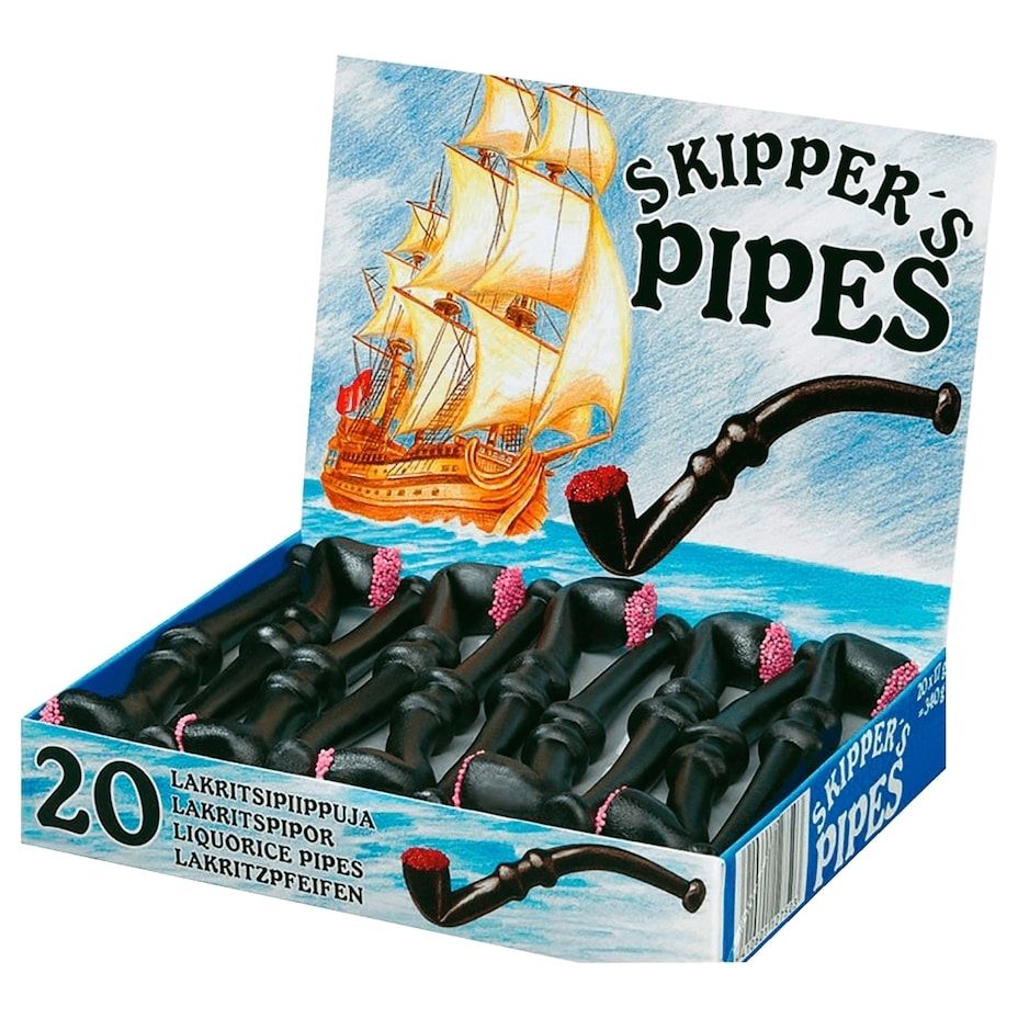 An opened box of 20 liquorice pipes called "Skipper's Pipes" (labels in several languages)