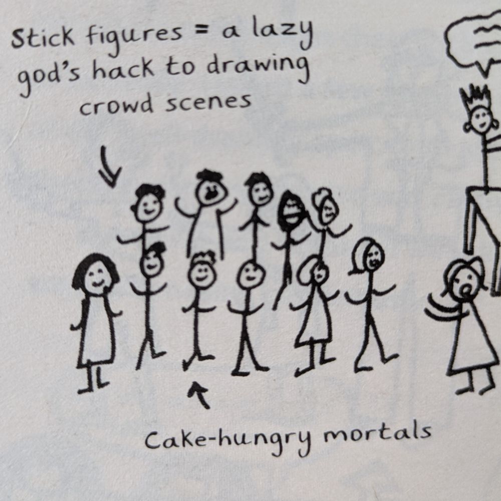 A diverse group of stick figures rushing towards a table, one likely female figure fending them off. A caption above (with an arrow pointing down at the crowd) says 