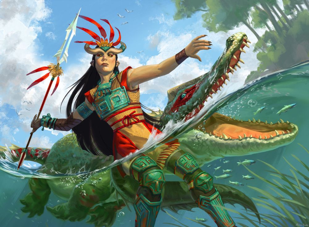 Painting of a female warrior with horns and lizard tail launching a spear, next to her is a friendly crocodile creature with its mouth open. They are both half-submerged in water.