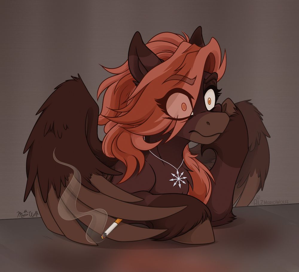 A brown pegasus pony named Kometka is sitting at a metal countertop in a room with metal walls, an overwhelmed expression on her face with a hoof pressed against her cheek and widened eyes staring into space. A cigarette is smoking in between her primary feathers, positioned in a way where she can lift her wing and take another drag at any moment. The overall artwork has a warmer look to it, with many neutral browns and oranges.