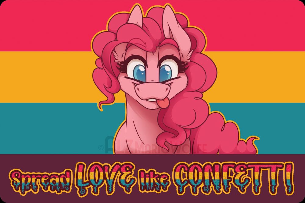 Pinkie Pie pansexual pride sticker design with the caption "Spread Love Like Confetti" below the character.