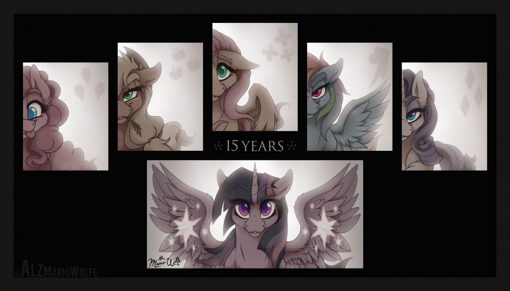 A group image of the mane six from My Little Pony in the form of busts. Each character has her own soft gray/white background featuring her cutie mark in a soft gray and is confined within a rectangular shape. Pinkie Pie, Applejack, Fluttershy, Rainbow Dash, and Rarity are forming an arch with their portraits over Twilight Sparkle, in that order, and their busts are displaying only their left half of their faces. Twilight Sparkle's face and wings are in full view, uncropped. The text "15 YEARS" is placed in the middle, below the arch of the mane five and above Twilight, to commemorate the 15th anniversary of My Little Pony: Friendship is Magic. There is a subtle dark gray frame around the image, and the background is black.