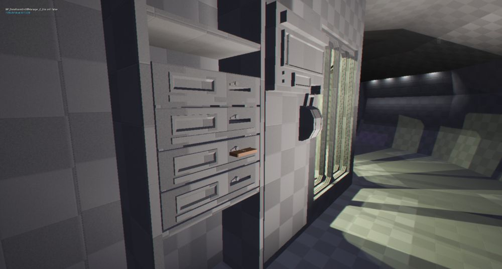 A screenshot of Project Data Mind from in Unreal Engine. It shows a mockup level with a placeholder gray grid material on all the 3D objects. In the foreground is a cabinet of input decks on a shelf against the wall, beyond it is a switch with screens above it, and further beyond that is some large open windows with yellow light coming out of them. In the background the hallway curves out of sight and some small ceiling lights illuminate the dark part of the hallway.