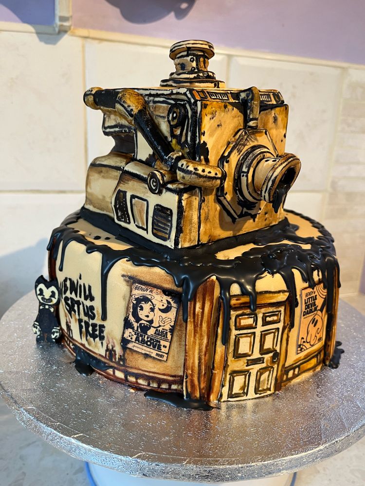 Birthday cake in shades of sepia brown and black. Based on game Bendy & the Ink machine. Chocolate drips like ink.