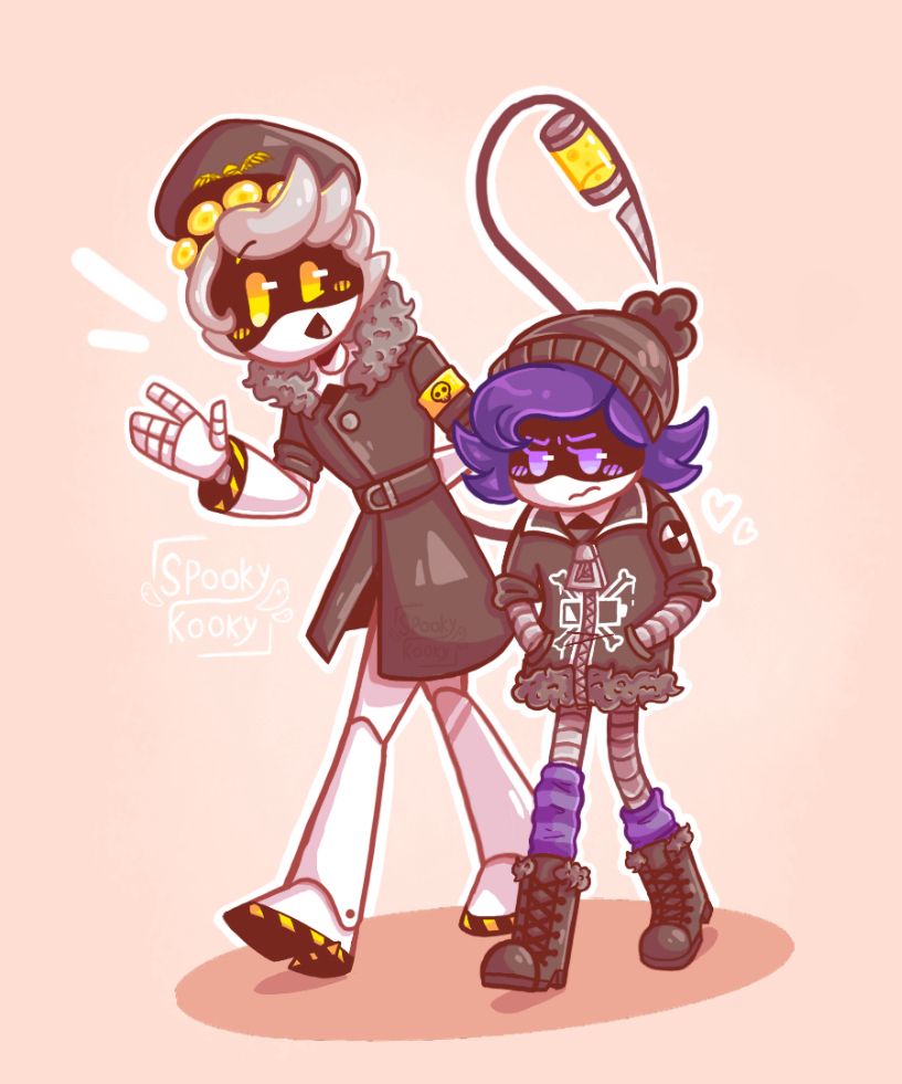 Fan art from online show murder Drones.two characters walking and talking. N is cheery and Uzi is being a teenager. Hunched shoulders and glum.