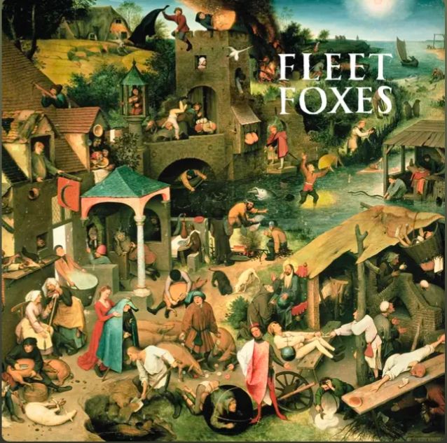 The cover of Fleet Foxes' eponymous album featuring the painting Netherlandish Proverbs by Pieter Bruegel the Elder which depicts peasants in a medieval town.