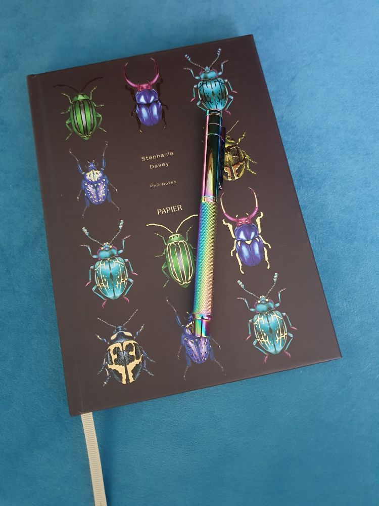 A black notebook with different beetles on the cover. There is also my name printed and the words PhD Notes 