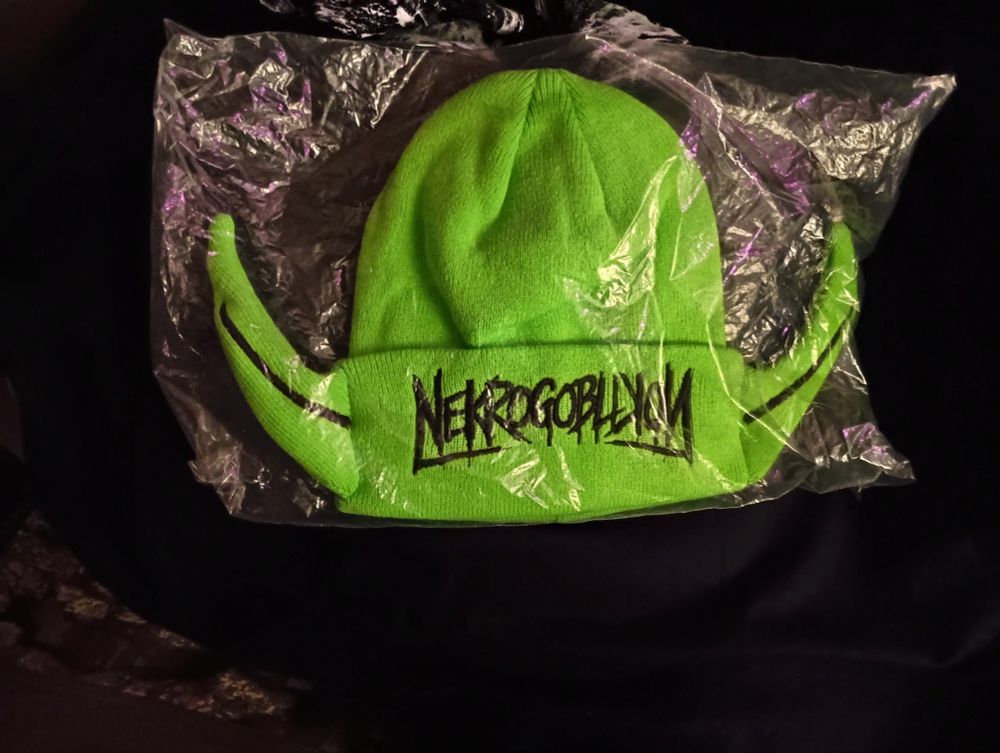 Nekrogoblikon lime green beanie with horns 🤘😈