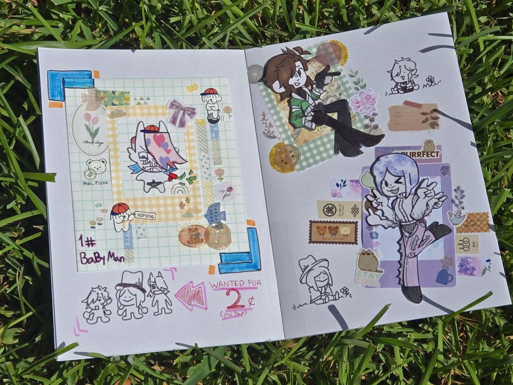 (2025) June and Derek belongs to commandergoo, Derek belongs to creekturts on artfight!
a photo of a spread of papercraft dolls and doodles as too scrapbooking with stickers. 