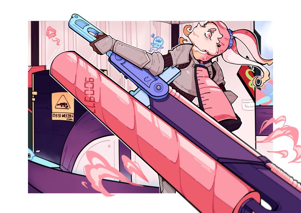 an octoling who recently just super jumped into the middle of wahoo world turf warring chaos strikes a knightly pose, her big swig claymore of justice ready to face in battle...until theres a sneaky squid from the enemy team nearby ready to take the chance.