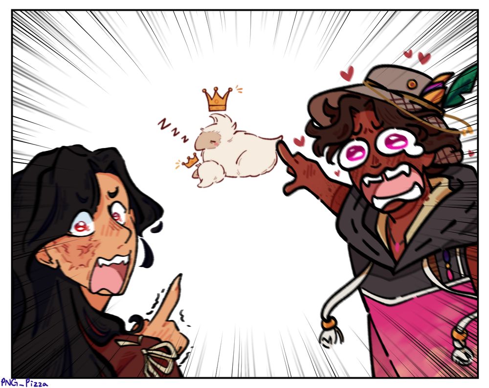 (2025) Blu and Graham belongs to ScoutTheGoose on artfight!
a meme reference to the soyjack point meme between two characters crying over the size difference between two baby seikrets (one very large and one very small)