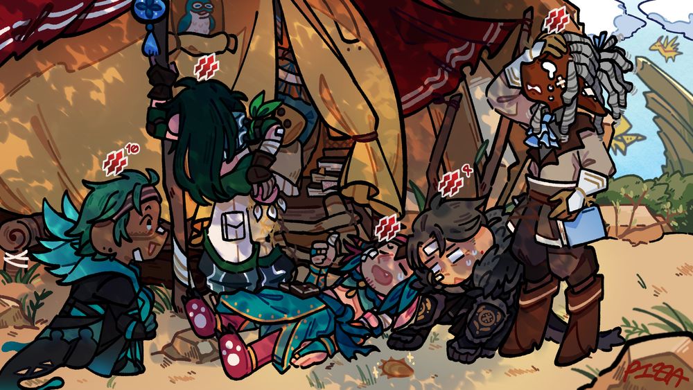 from left to right: Cahaya, Fen, Ikana, Quillan, Kip

5 hunters suffering the effects of the bleed ailment from a seregios in the windward plains, however despite it all the sewregios dissenter was dropped