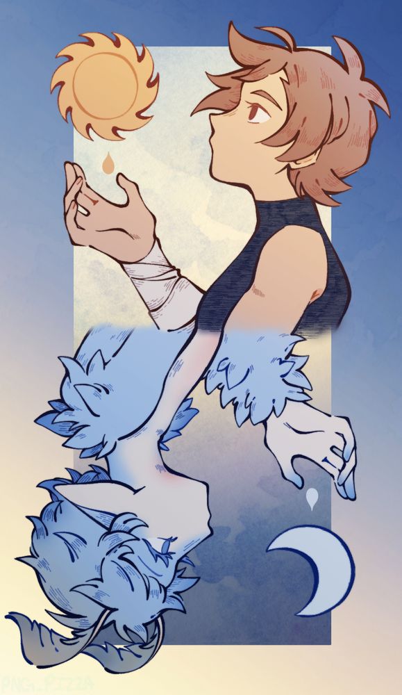 (2025) Antcha (sun) and Gentle Snow (moon) belong to rndzvs on artfight!
a card design featuring sun and moon motifs between two characters, vaguely balatro