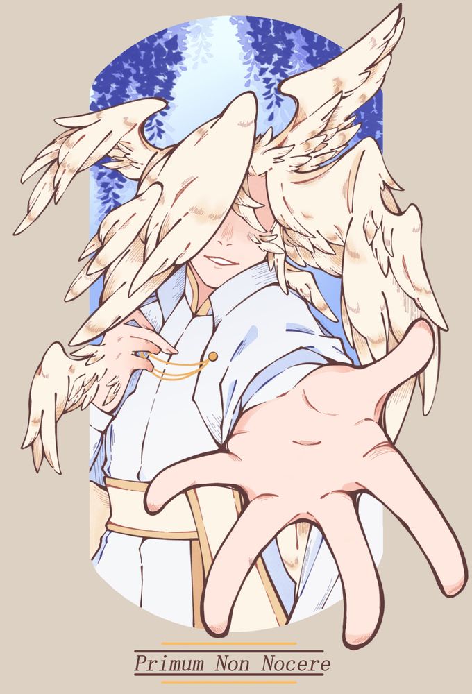 an angel extending his hand towards the viewer with multiple wings attached to his head and hands. he is wearing what appears to be a priest's uniform below wisteria blooms. there is the latin phrase: primum non nocere (first, do no harm) 