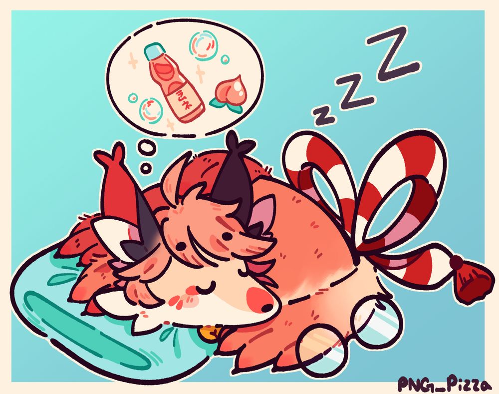 (2025) Kit belongs to SquiddlyKiti on artfight!
a sleeping fox on an aqua coloured pillow dreaming about peach flavoured ramune soda