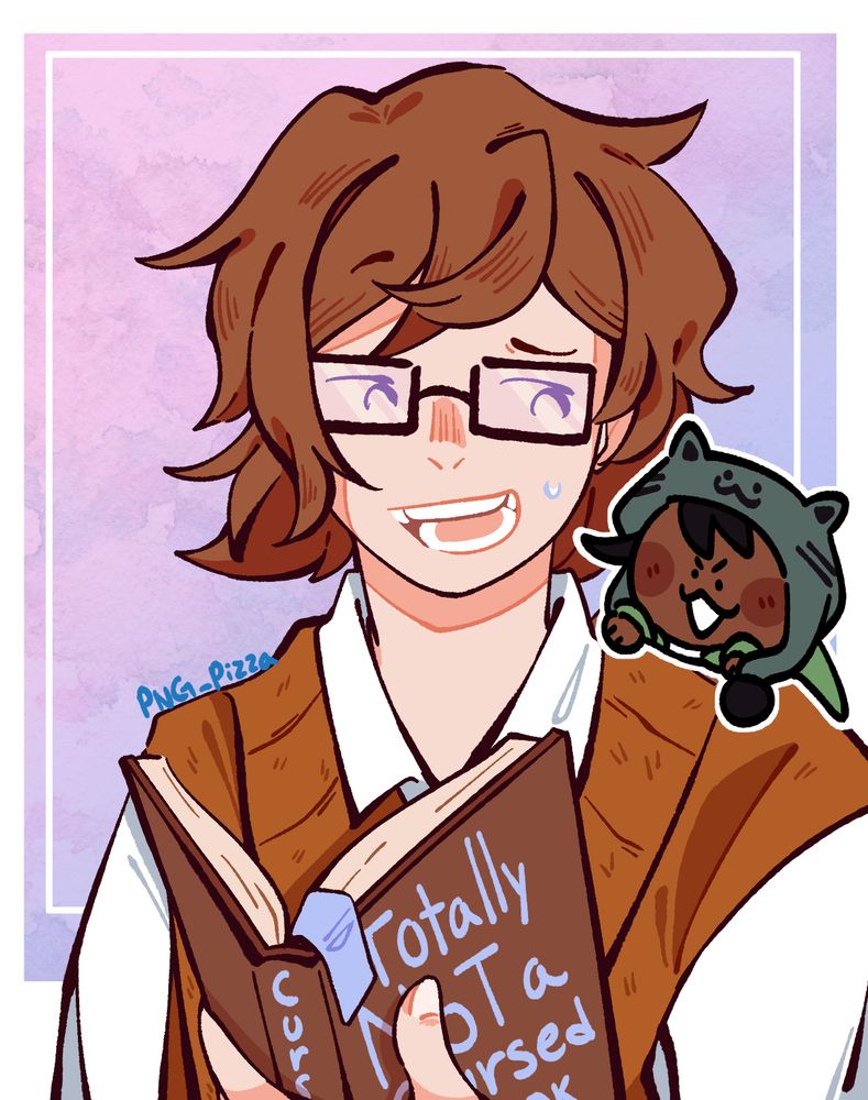 (2025) Levi belongs to Soymilk43 and Darius belongs to Luigifan05 on artfight!
a glasses wearing guy attempting to read the Totally NOT a cursed book while a little buddy is on his shoulder